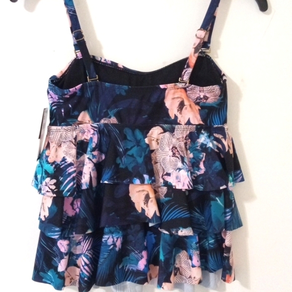 ISLAND ESCAPE MACYS BLACK FLORAL TIERED REMOVABLE STRAPS TANKINI TOP SIZE 6 NWT - Picture 6 of 7